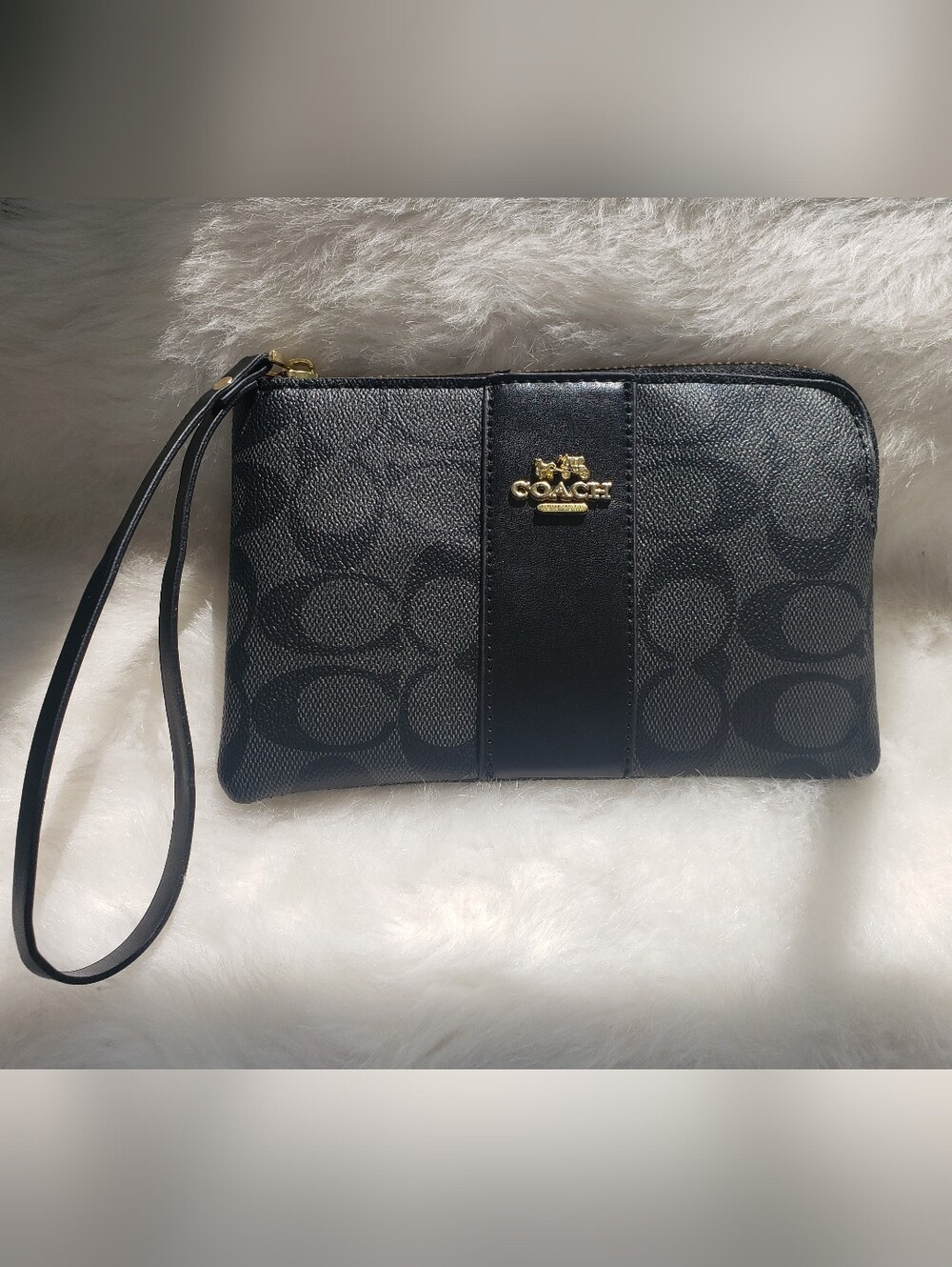 Coach Corner Zip Wristlet Signature Canvas Charcoal Black - NWOT